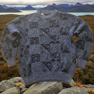 Peter England Vintage Mens L Blue Textured Knit Wool Blend Sweater Italy